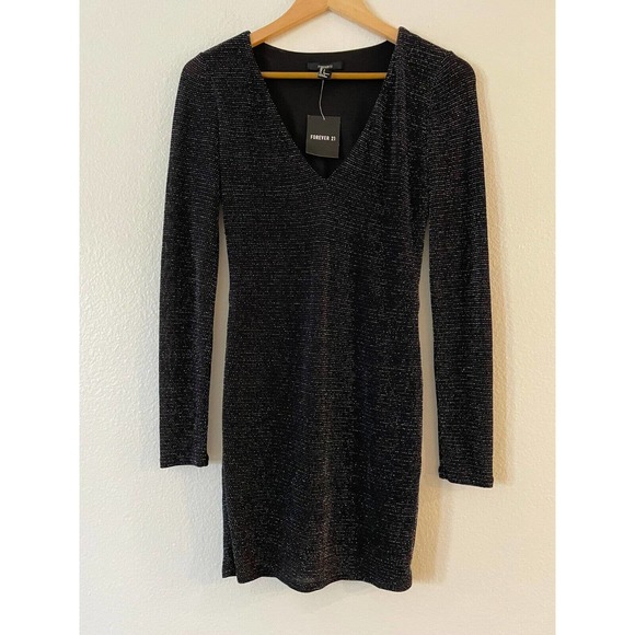 Forever 21 Sz. S Black Self-Design Shimmery Bodycon Dress V-Neck Long Sleeve NWT - Picture 6 of 12